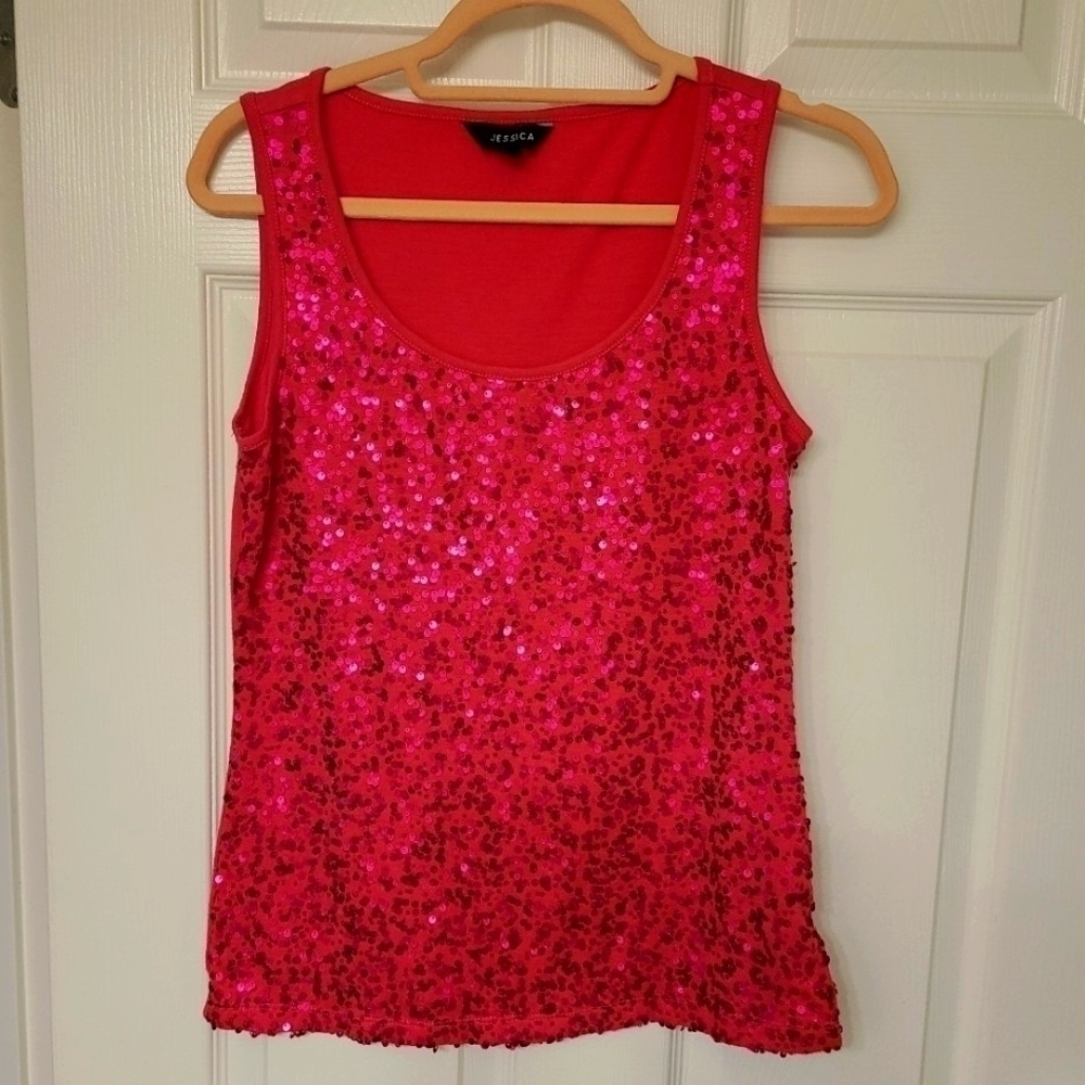 Y2K Jessica Barbiecore Hot Pink Tank Top Sequins Sleeveless Lightweight Stretch